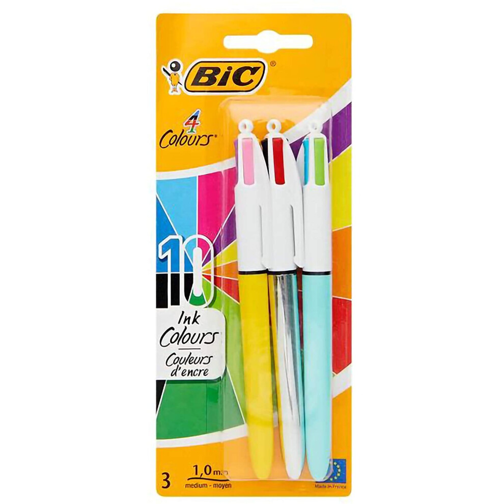 Bic 4 Colour Ballpoint Pens. 10 Colours in 3 pens. Pack of 3. B157811