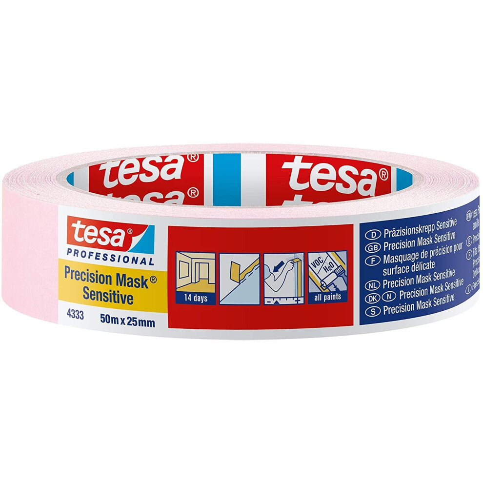 Tesa 43330001801 Precision Sensitive, Razor Sharp Edge And Low Tack Masking Tape For Indoor Painting And Decorating, Residue Free Removal, 50 M X 25 4042448280985