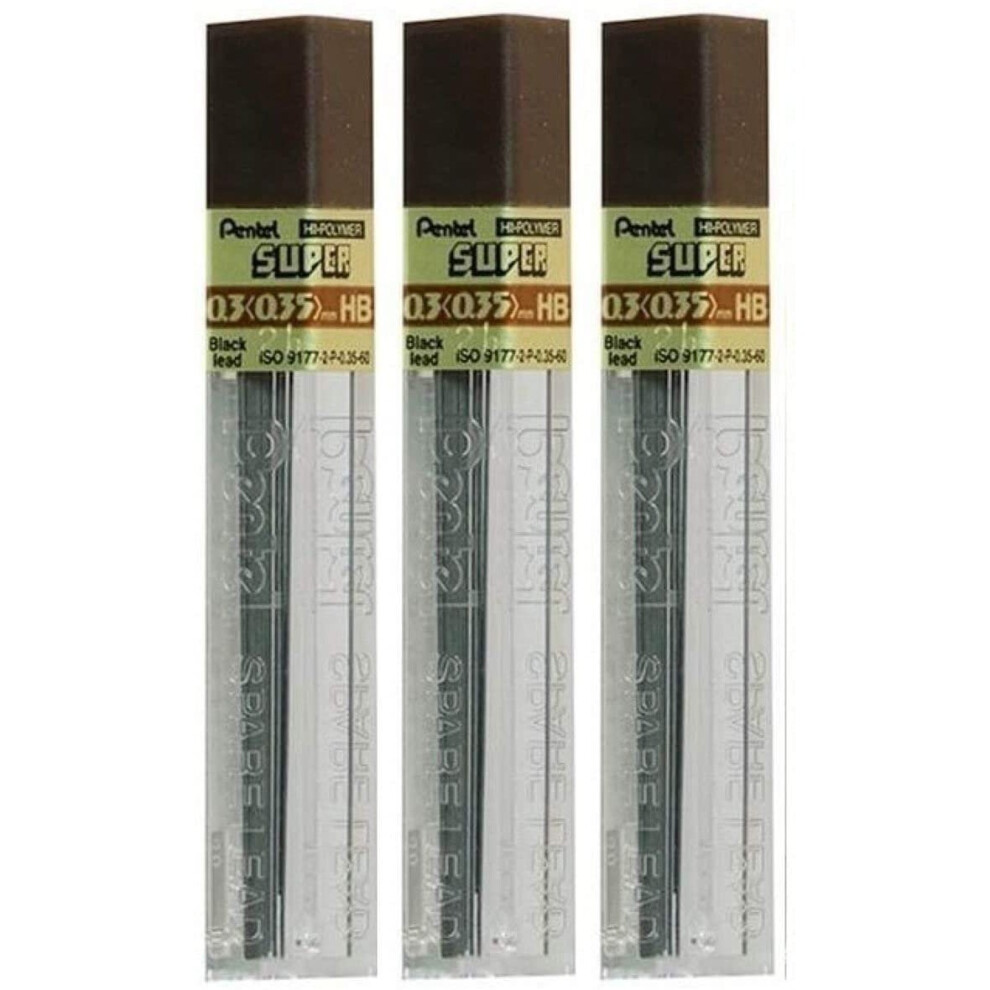 Pentel 0.3mm Size HB Shade Hardness Pencil Refill Replacement Spare Leads Hi Pollymer Super For Automatic & Mechanical Pencils (Pack Of 3 Tubes - 36