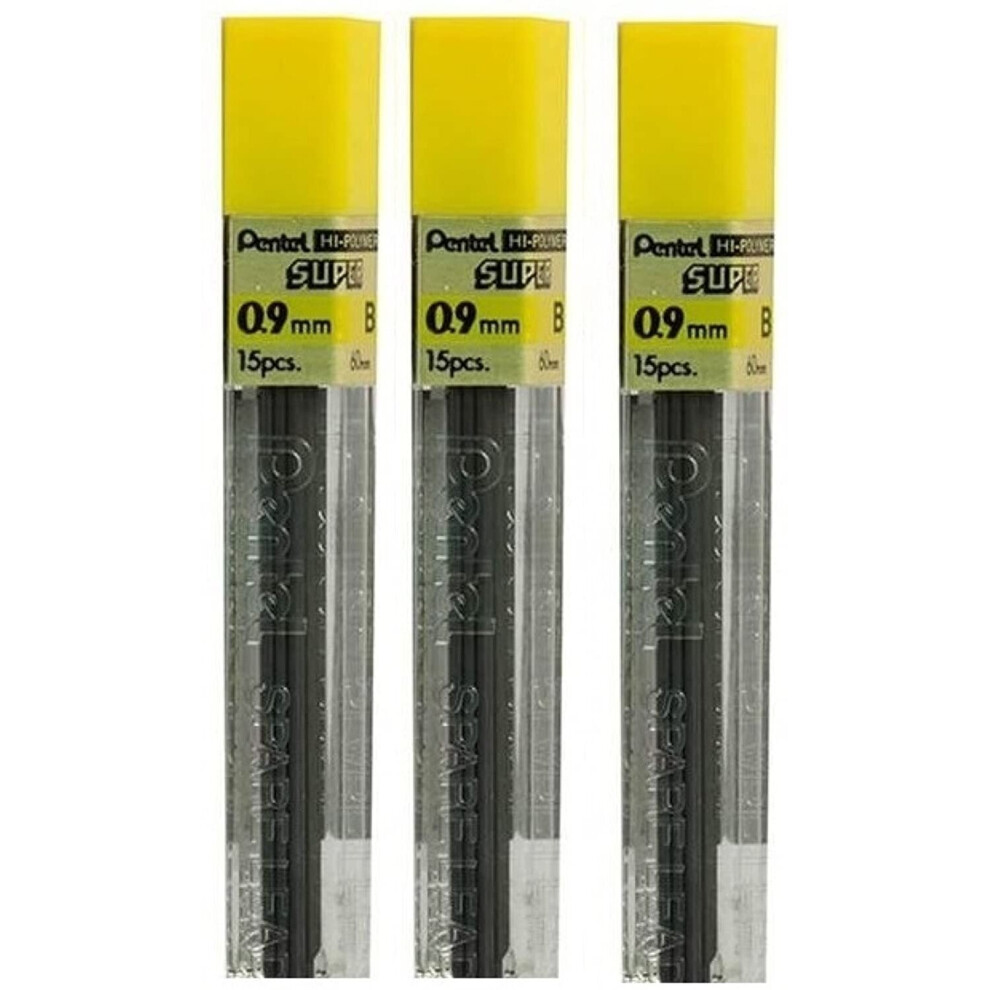 Pentel 0.9mm Size B Shade Hardness Pencil Refill Replacement Spare Leads Hi Pollymer Super For Automatic & Mechanical Pencils (Pack Of 3 Tubes - 45