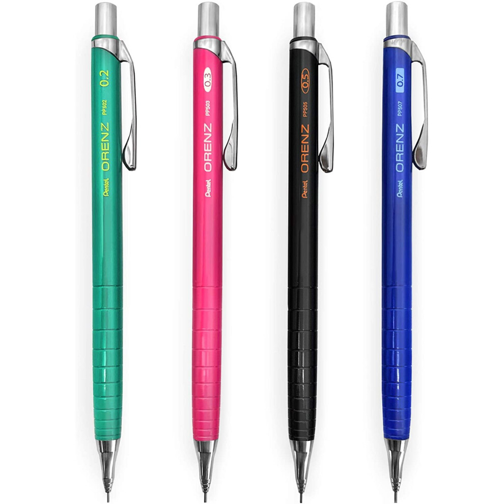 Pentel Orenz Mechanical Pencils - 0.2/0.3/0.5/0.7mm - Assorted Barrel Colours - Pack of 4