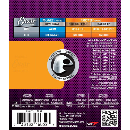 Elixir 16052 Strings Phosphor Bronze Acoustic Guitar Strings w NANOWEB Coating, Light (.012-.053) 1