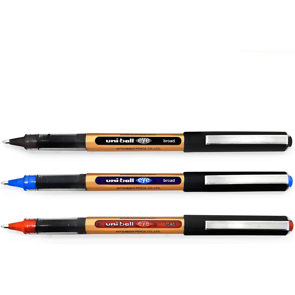 Uni-Ball Eye UB-150-10 Broad Liquid Ink Rollerball Pens - 1.0mm - Black, Blue, Red - Pack of 6