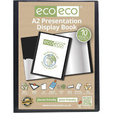eco-eco A2 Size 50% Recycled 10 Pocket Black Presentation Display Book, Storage Case Portfolio Art Folder with Plastic Sleeves