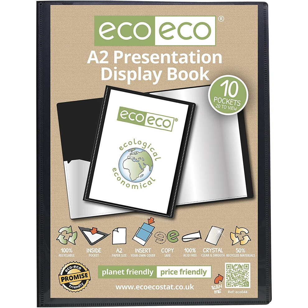 Eco-Eco A2 Size 50% Recycled 10 Pocket Presentation Display Book, Storage Case Portfolio Art Folder With Plastic Sleeves Black