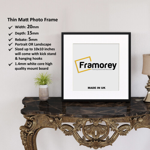 (Black With White Mount, 30x30CM Pic (40x40CM Frame)) Square Size Thin Matt Black Picture Frame Wall Art Frames Flat Wooden Effect Poster Frame
