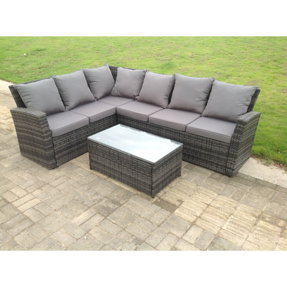 Fimous (Left Corner Sofa +Oblong Table, With Covers) High Back Rattan Corner Sofa Set Outdoor Furniture