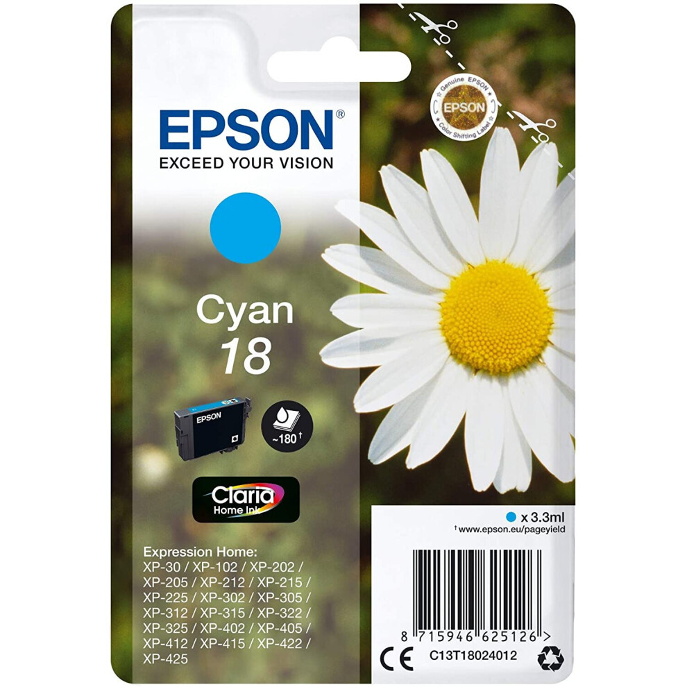 Epson 18 Cyan Inkjet Cartridge C13T18024012 For use with Expression Home XP-30/102/202/205/212/215/225/302/305/312/315/322/325/402/405/412/415/422/425