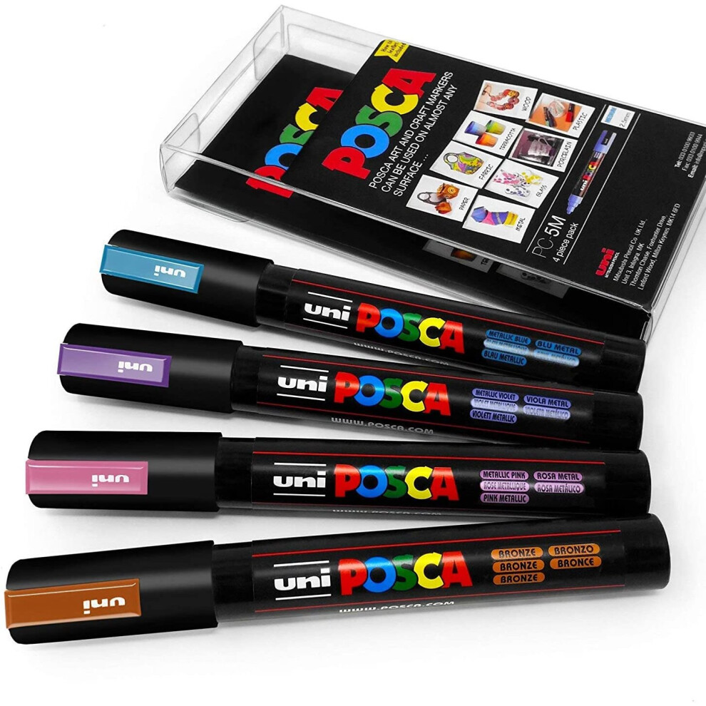 Uni POSCA - PC-5M Art Paint Markers - Set of 4 - In Plastic Wallet - Midnight Metallic