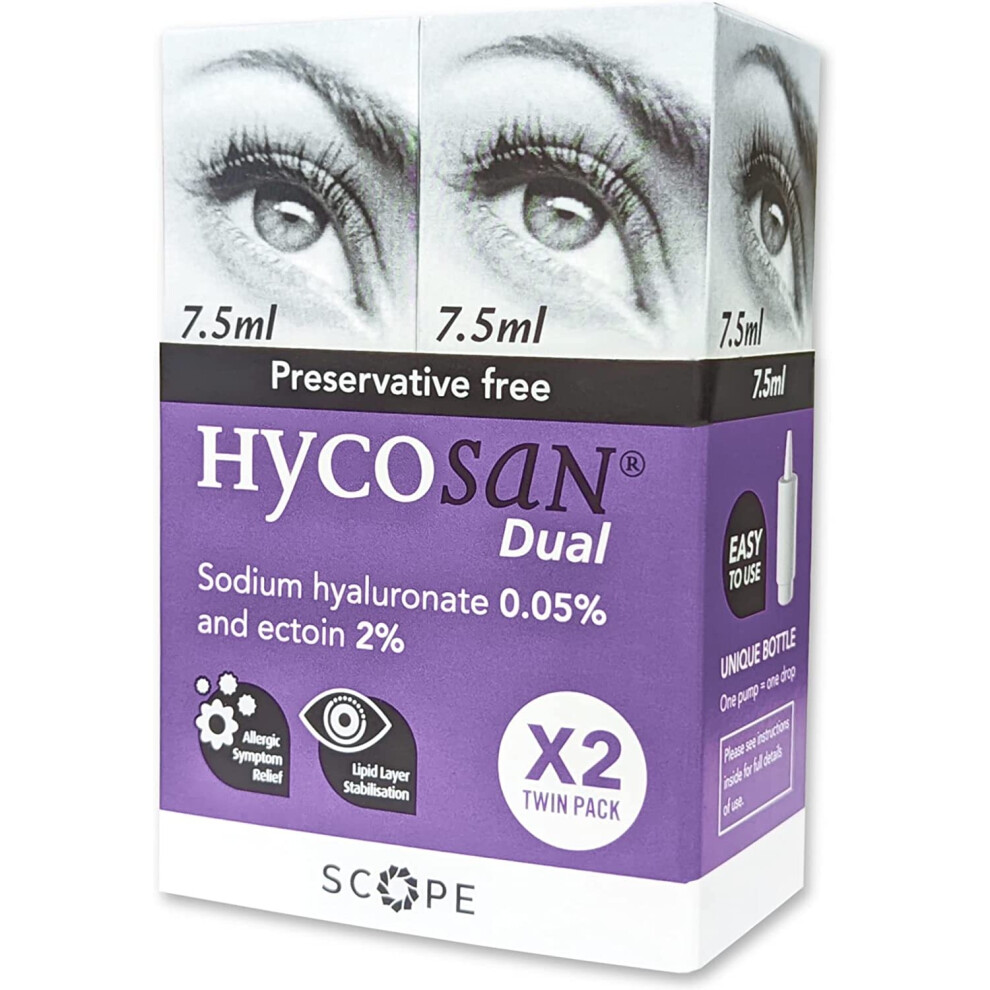 Hycosan Dual Twin Pack - Preservative Free Eyedrops - 0.05% Sodium Hyaluronate and 2% Ectoin- Recommended for Relief from Lipid...