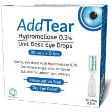AddTear Hypromellose 0.3% Unit Dose Eye Drops - 30 vials X 0.5 ml, Sterile & Preservative Free Eye Drops
