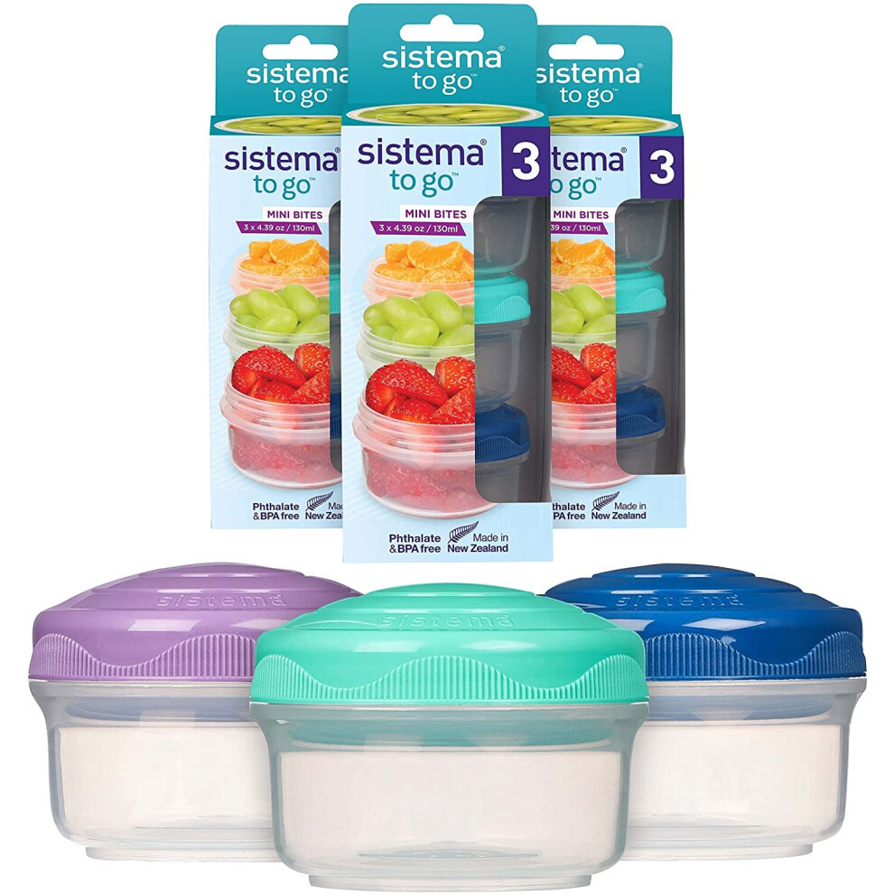 Sistema Snack Pots Mini Bites TO GO | 130 ml | Stackable Snack Boxes with Lids | BPA-Free | Teal, Purple & Blue Lids | 9 Count