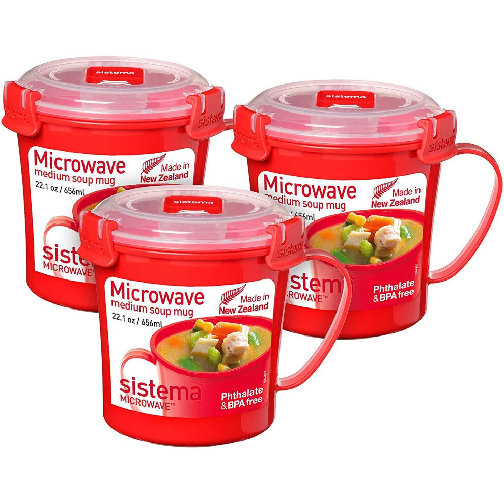 Sistema Microwave Medium Soup Mug | Microwave Food Containers | 656 Ml | Bpa-Free | Assorted Colours | 3 Count