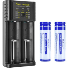 Chargeur de batterie intelligent avec 2 piles 3,7V Flat Top rechargeables Li-ion, chargeur de batterie universel Ă 2 fentes pour...