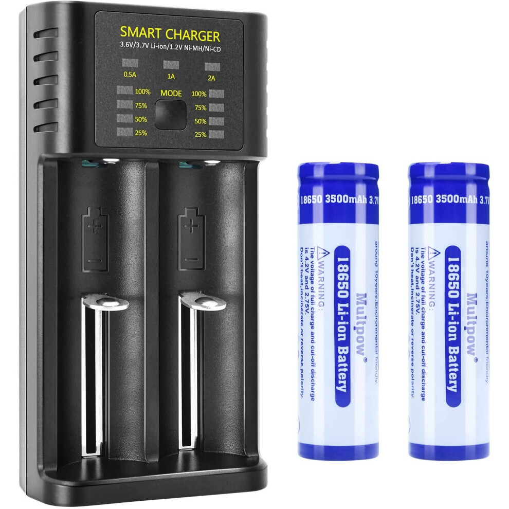 Chargeur de batterie intelligent avec 2 piles 3,7V Flat Top rechargeables Li-ion, chargeur de batterie universel à 2 fentes pour...