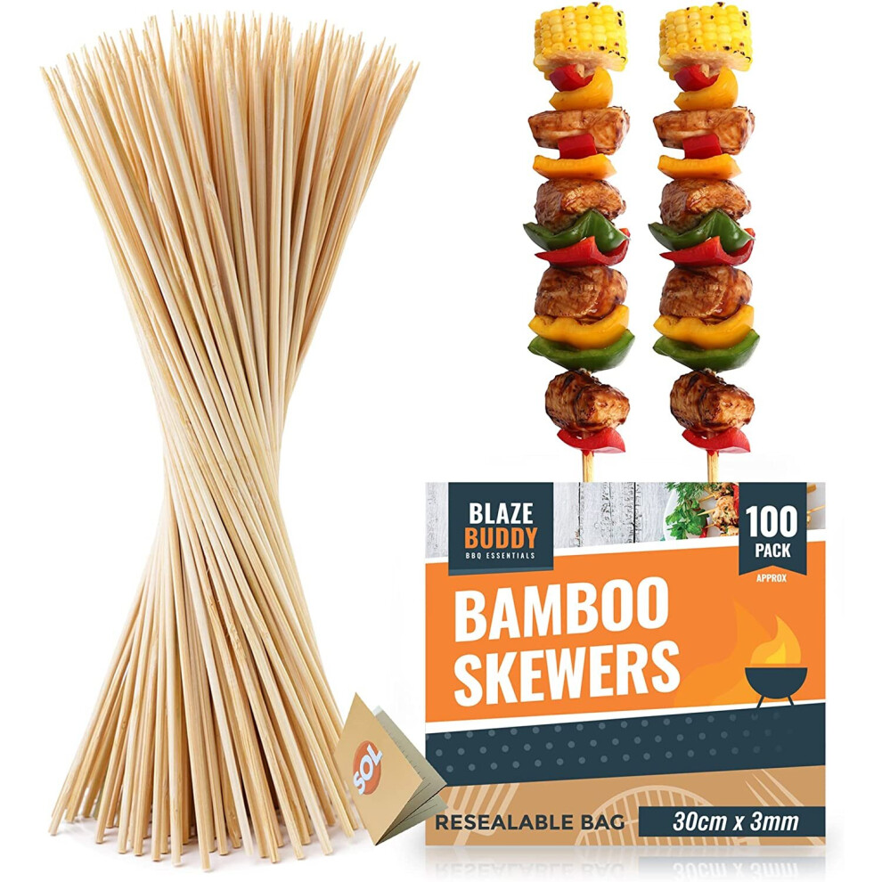 Blaze Buddy Bamboo Skewers 100pk | Sturdy, Smooth, Long BBQ Grill Stick | Party Shish Kabob | Wooden Satay Great for Grilling...