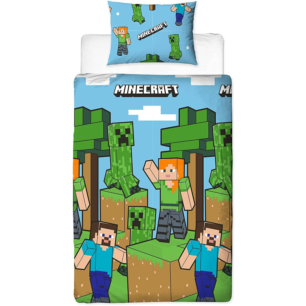 Minecraft Official Single Duvet Cover Set, Epic Design | Blue Reversible 2 Sided Bedding Duvet Cover Official Merchandise...