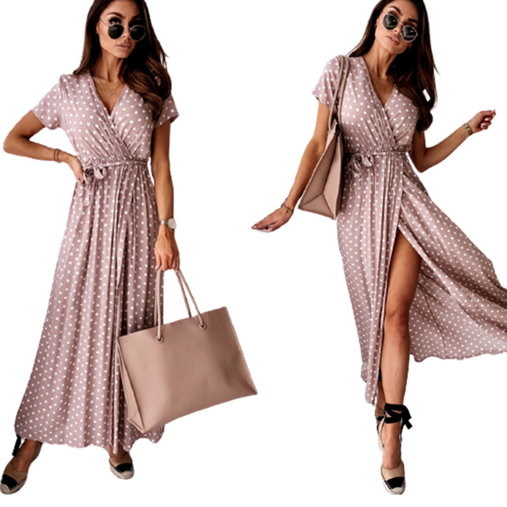 (Pink, XL (UK 14)) Polka Dot Split Front Maxi Dress