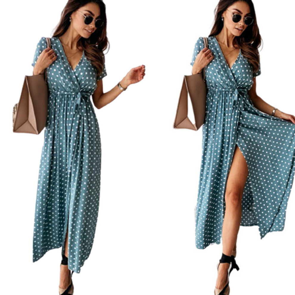 (Blue, 2XL (UK 16)) Polka Dot Split Front Maxi Dress