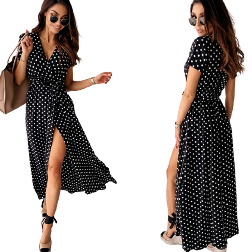 (Black, 2XL (UK 16)) Polka Dot Split Front Maxi Dress