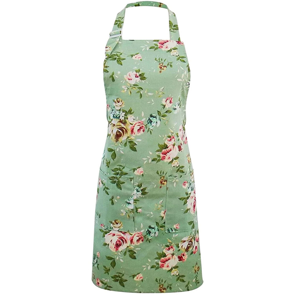 Udewo 1 Grembiule Floreale Da Donna, Regolabile, Grembiule Da Cucina Vintage Con Fiori, Panettiere Da Chef, In Tela, Verde, Con Tasche, Per Cucina, Giardinaggio, Ristorante-image