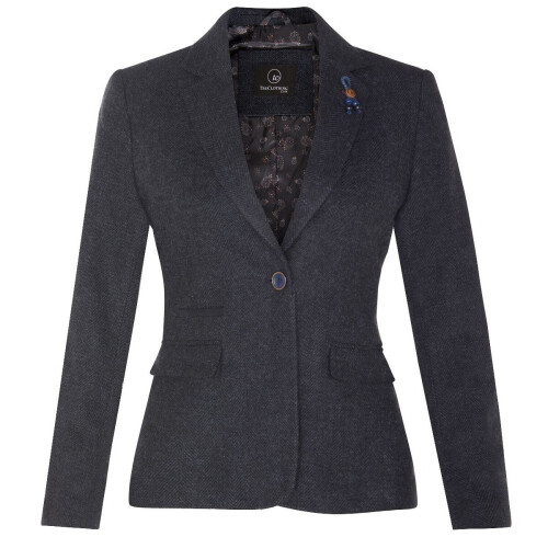 (14) Womens Tweed 1920s Harringbone Navy Blazer -Layton