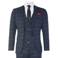 (50) Mens 3 Piece Navy Blue Herringbone Vintage Suit