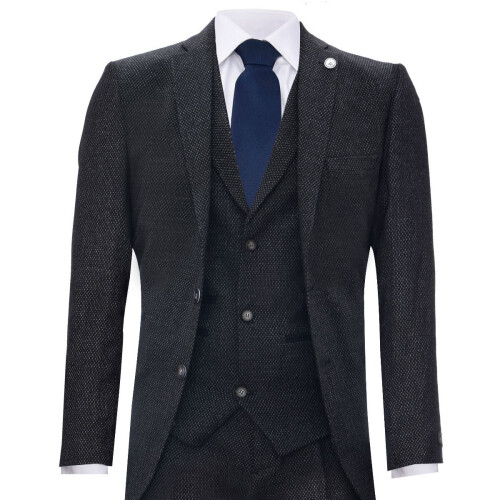 (38) Men's 3 Piece Black Herringbone Tweed Suit