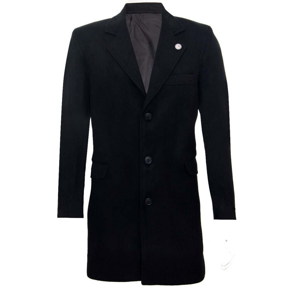 (XL) Men's Long Black Wool Slim Fit Overcoat