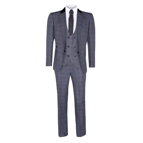 (34) Mens 3 Piece Blue Grey Herringbone Check Suit 1
