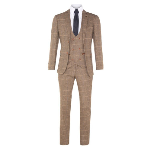 (40) Mens 3 Piece Tan Herringbone Tweed Check Suit 1