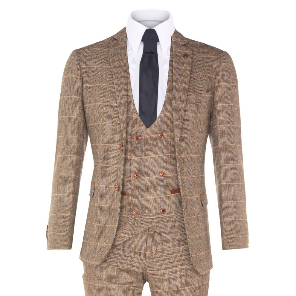 (38) Mens 3 Piece Tan Herringbone Tweed Check Suit