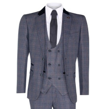 (34) Mens 3 Piece Blue Grey Herringbone Check Suit