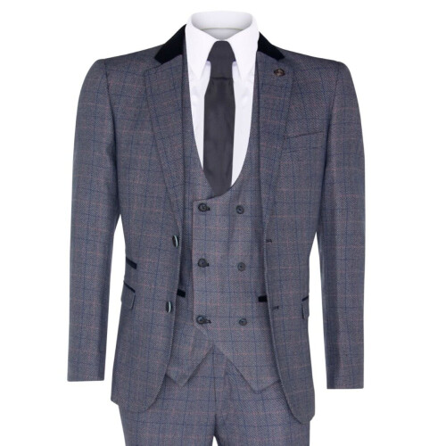 (34) Mens 3 Piece Blue Grey Herringbone Check Suit