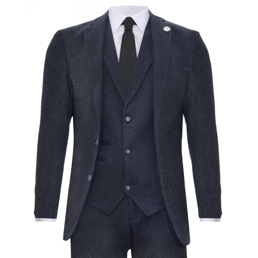 (42) Men's 3 Piece Charcoal Grey Herringbone Tweed Suit