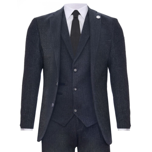 (38) Men's 3 Piece Charcoal Grey Herringbone Tweed Suit