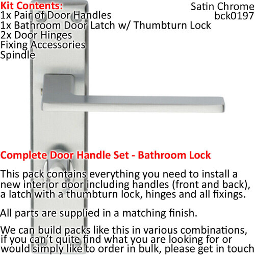 Loops Door Handle & Bathroom Lock Pack Satin Chrome Flat Arm Square Thumb Backplate 1