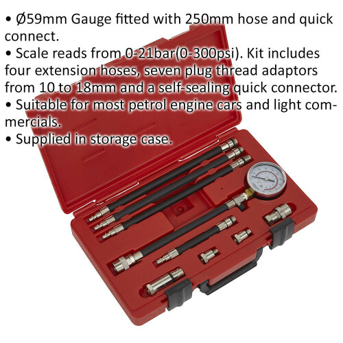 Loops 10 Piece Petrol Engine Compression Kit - 59mm Gauge - 250mm Hose - Storage Case 1