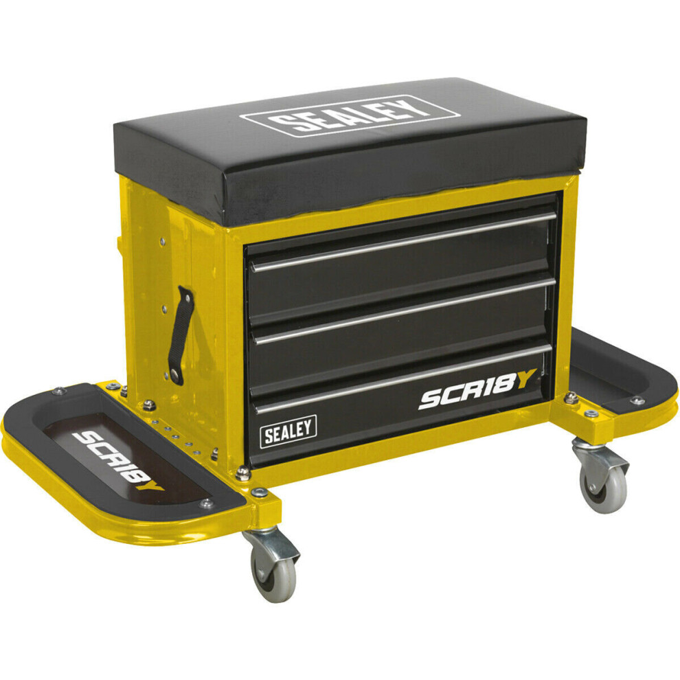 Mechanics Utility Seat & Toolbox - Folding Side Trays - Swivel Castors - Yellow