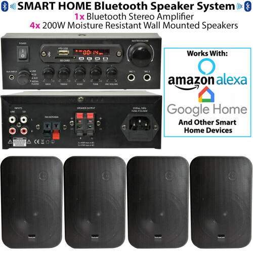 Loops Bluetooth Sound System 4x Black 200W Wall Speakers - 2 Channel Stereo Amplifier 1