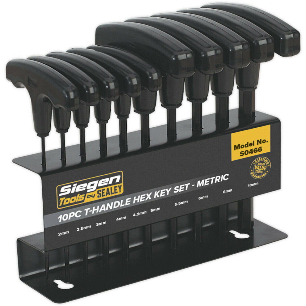 10 Piece T-Handle Hex Key Set - 2mm to 10mm Sizes - 140mm to 155mm Length