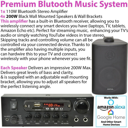 Loops Bluetooth Sound System 4x Black 200W Wall Speakers - 2 Channel Stereo Amplifier 2