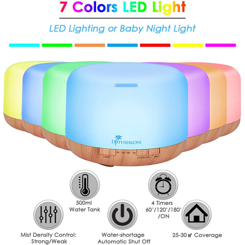 Diffuserlove Essential Oil Diffuser 500ML Remote Control Ultrasonic Aromatherapy Diffuser Cool Mist Humidifiers with Mute Design, Timer and Waterless 1