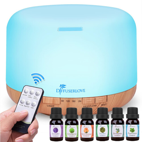 Diffuserlove Essential Oil Diffuser 500ML Remote Control Ultrasonic Aromatherapy Diffuser Cool Mist Humidifiers with Mute Design, Timer and Waterless