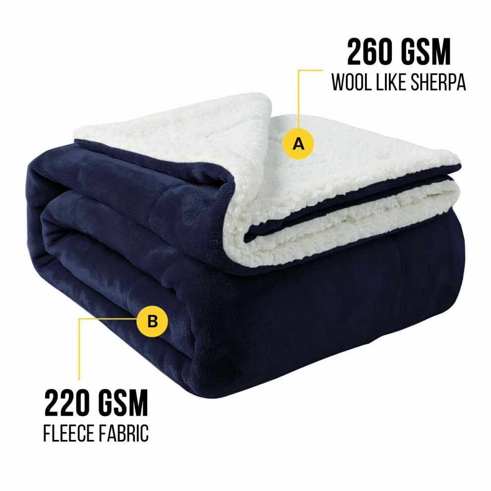 (NAVY BLUE, DOUBLE) Sherpa Throw Fleece Blankets Soft Fluffy Warm Cozy