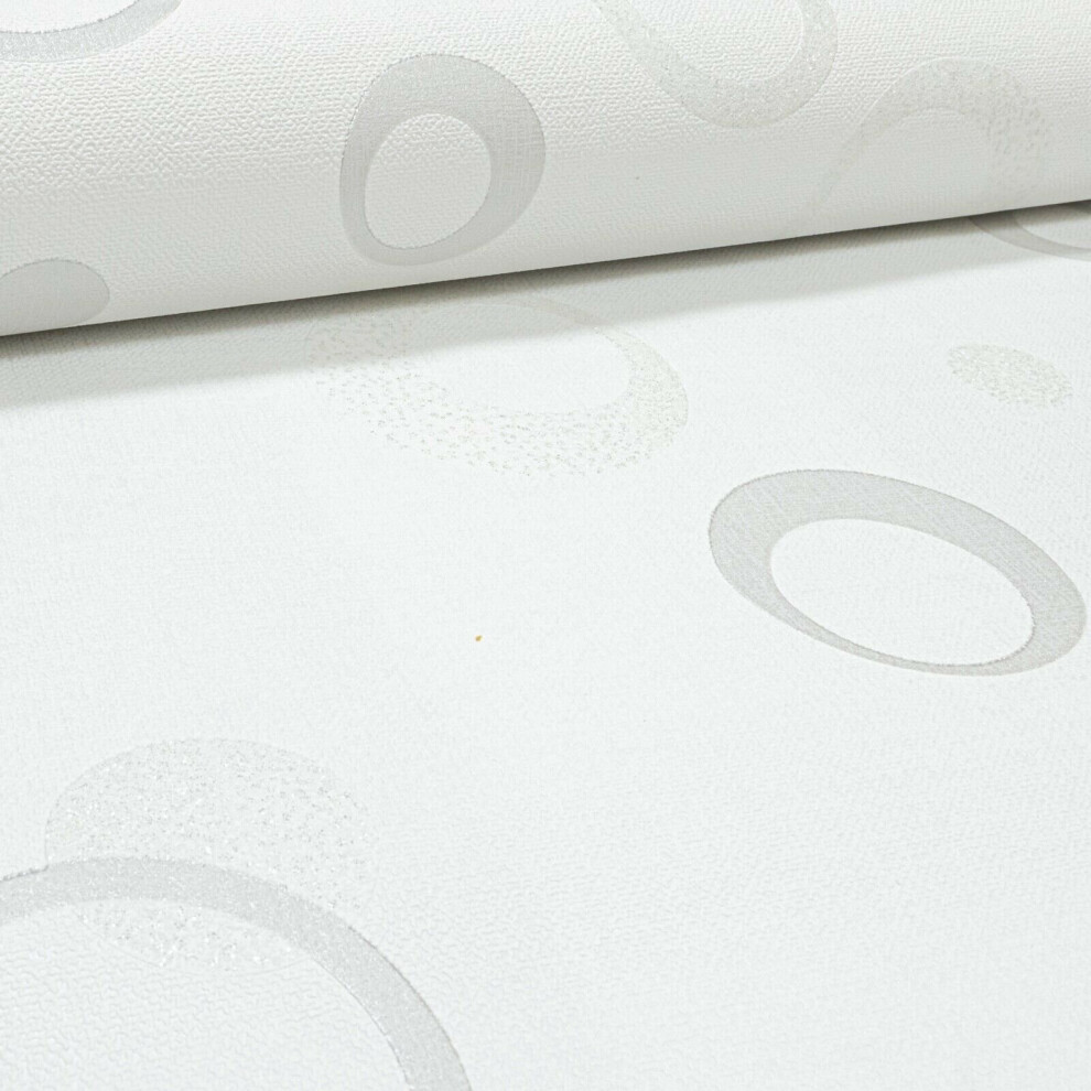 White Metallic Grey Glitter Swirl Circle Textured Vinyl Wallpaper