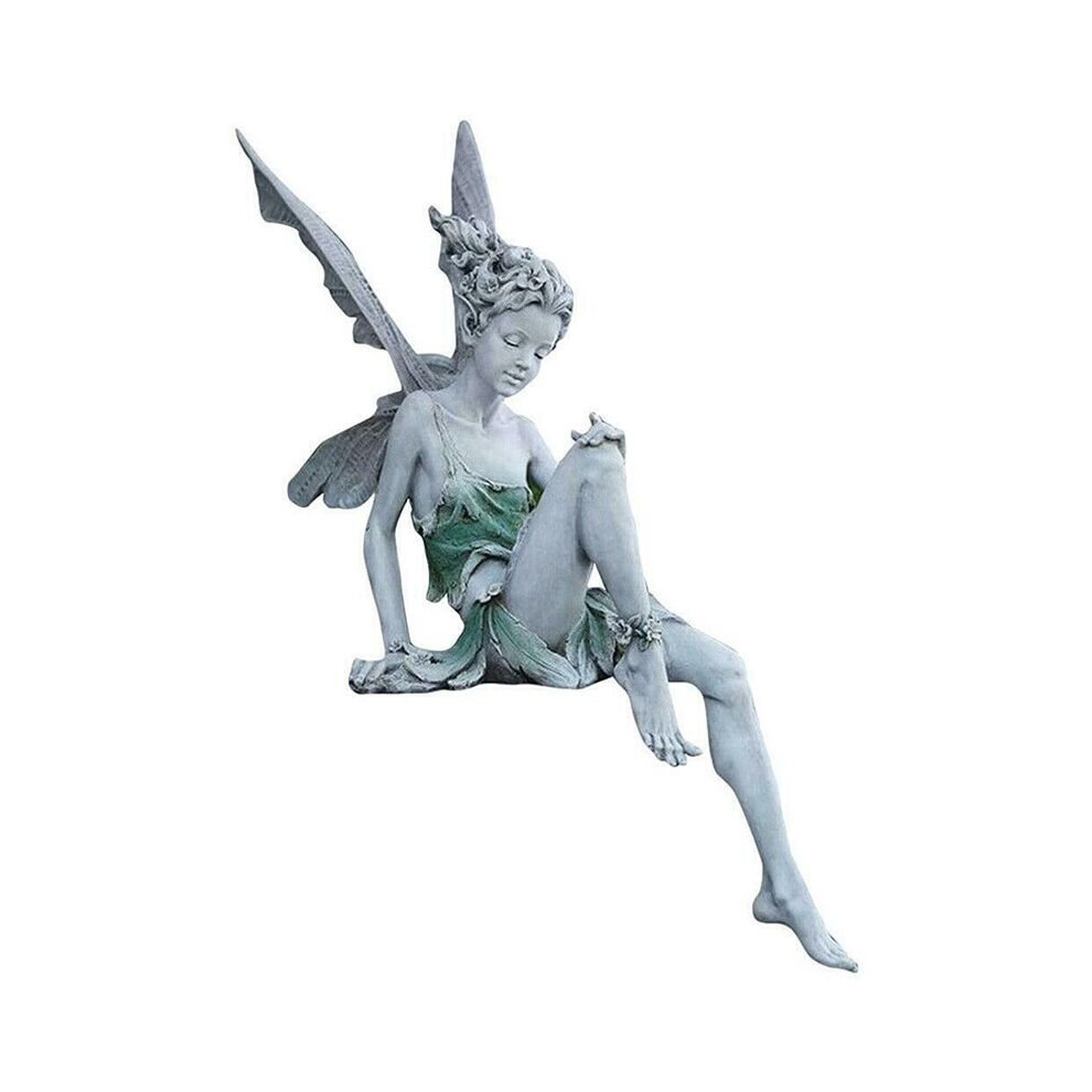 (Gray) Sitting Fairy Garden Statue Garden Large Winged Angel Cherub Sculpture Ornament Gray