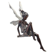 (Brown) Sitting Fairy Garden Statue Garden Large Winged Angel Cherub Sculpture Ornament