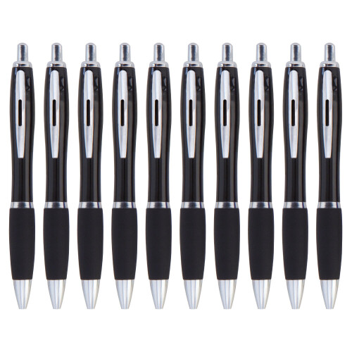(Black) 10 Pack Coloured Retractable Ballpoint Pens Blue Ink Push Button Pen