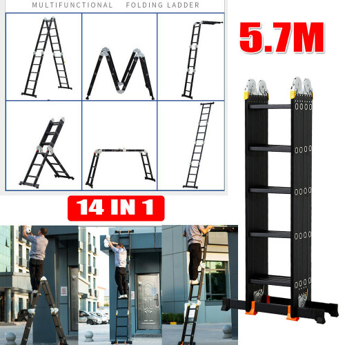 14 Way Multi Purpose Aluminium Folding Ladder Safety Step Ladder 5.7M ...